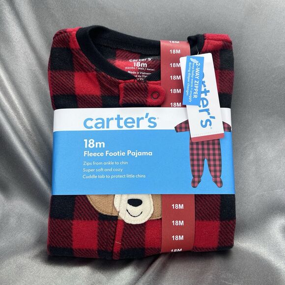 Carter's 18 Month One-Piece Fleece Footie Pajamas Zipper Red Plaid Bear PJ’s NWT - Picture 1 of 8